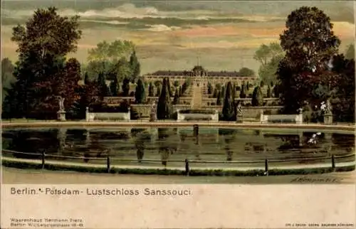 Ak Potsdam Sanssouci, Lustschloss Sanssouci, Gartenanlage, Wasserbecken