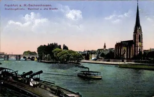 Ak Sachsenhausen Frankfurt am Main, Dreikönigskirche, Maininsel, alte Brücke, Boot auf dem Fluss
