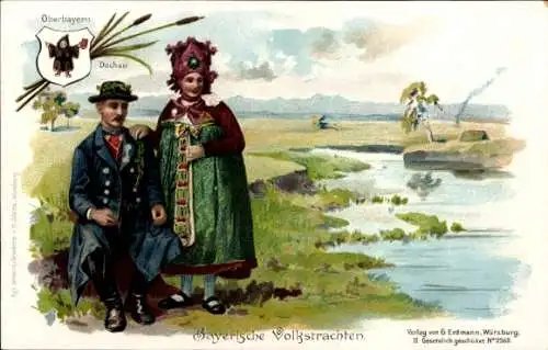 Litho Dachau in Oberbayern, Frau und Mann in Bayerischen Volkstrachten