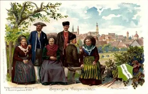Litho Uffenheim in Mittelfranken, Bayerische Volkstrachten, Mittelfranken
