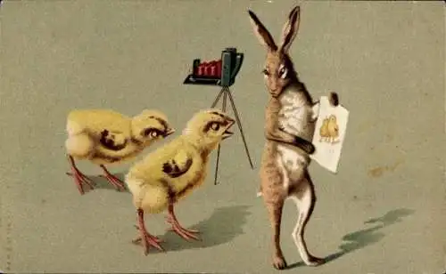 Ak Frohe Ostern, Osterhase fotografiert Küken