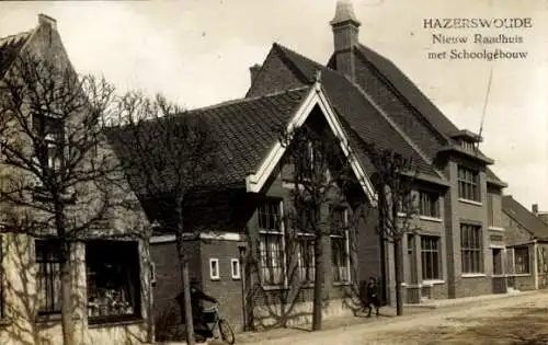 Ak Hazerswoude Dorp Zuid-Holland, Nieuw Raadhuis, Schoolgebouw