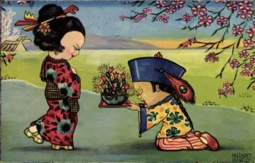 Künstler Ak Boriss, Margret, Mädchen in japanischer Tracht