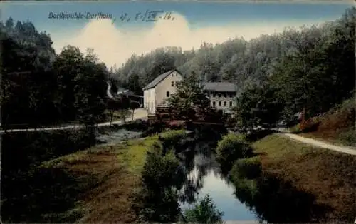 Ak Dorfhain in Sachsen, Barthmühle, Wald, Flusspartie
