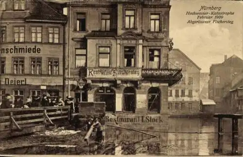Ak Nürnberg in Mittelfranken, Hochwasser Katastrophe, 1909, Abgerissener Fischersteg, Restaurant