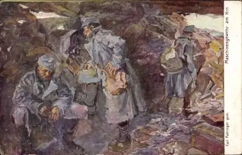 Künstler Ak Fahringer, Carl, Maschinengewehr am Krn, Kuk Soldaten