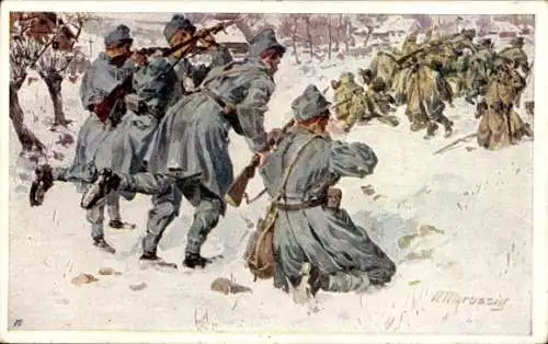 Künstler Ak Marussig, KuK Soldaten, Gefecht, Infanterist Sanimaler, Aus dem goldenen Buche d. Armee