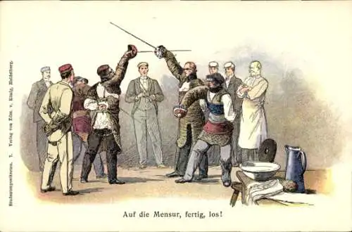 Studentika Ak Auf die Mensur, fertig, los, Studenten beim Fechtkampf