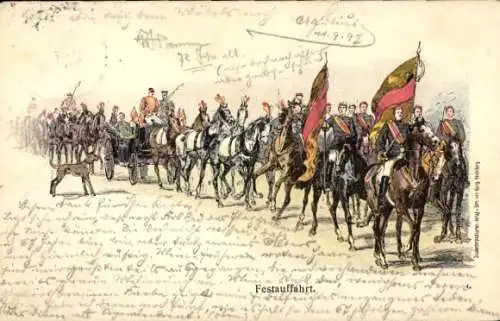 Studentika Litho Festauffahrt, Berittene Studenten, Festumzug, Fahnen