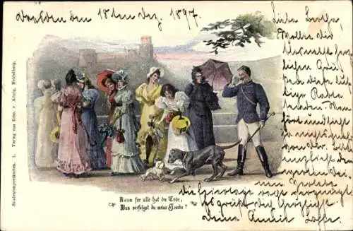 Studentika Ak Damen mit Sonnenschirm, Hunde