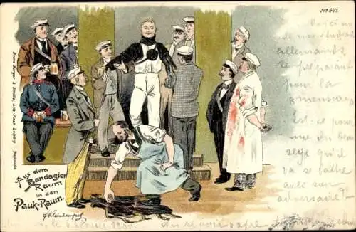 Studentika Litho Aus dem Bandagierraum in den Paukraum, Fechtkampf 