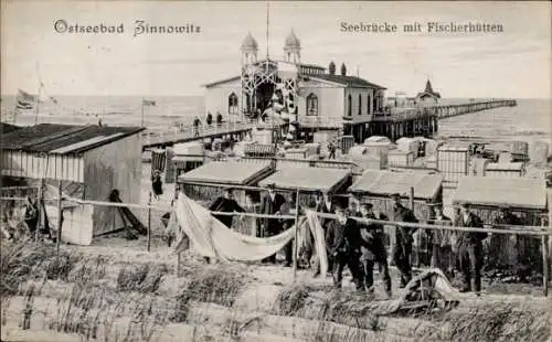 Ak Ostseebad Zinnowitz auf Usedom, Seebrücke, Fischerhütten