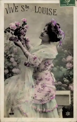 Ak Frau mit Blumenstrauß, Porträt, Schleier, Sankt Louis