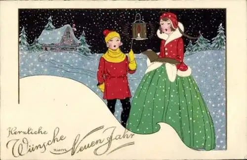 Litho Glückwunsch Neujahr, Kinder