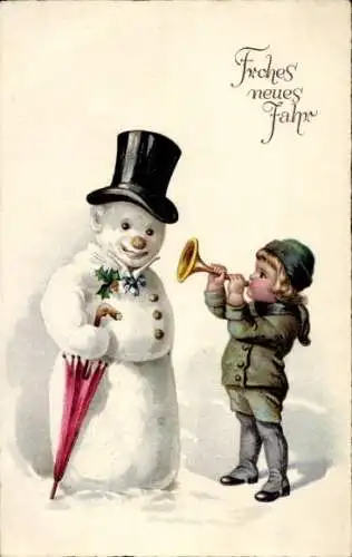 Ak Glückwunsch Neujahr, Schneemann, Knabe