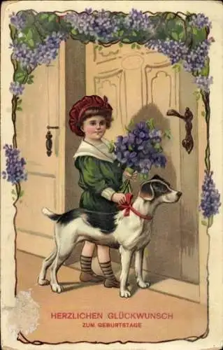 Litho Glückwunsch Geburtstag, Kind mit Blumen, Hund