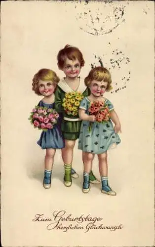 Ak Glückwunsch Geburtstag, Kinder mit Blumen