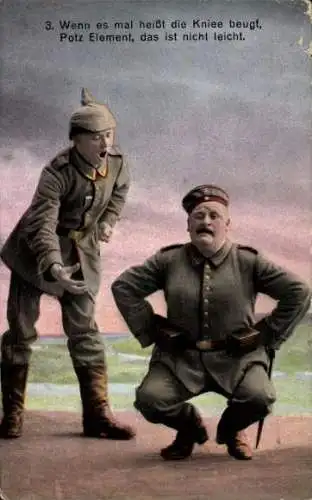 Ak Dicker Soldat bei der Gymnastik, Kniebeuge, Potz Element, das ist nicht leicht