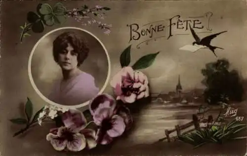 Ak Glückwunsch, Frau-Porträt, Schwalbe, Blumen, Glücksklee