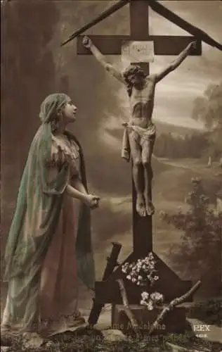 Ak Jesus am Kreuz, junge Frau als Magdalena