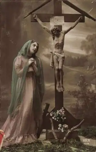 Ak Jesus am Kreuz, junge Frau als Magdalena