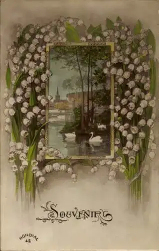 Passepartout Ak Schwanenteich, Maiglöckchen