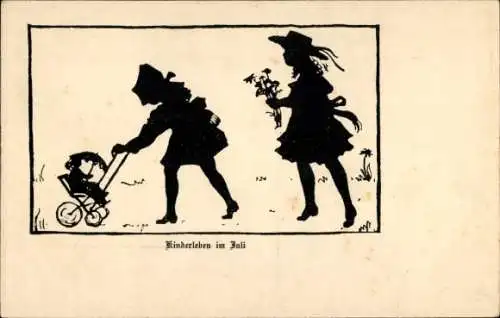 Scherenschnitt Künstler Ak Kinderleben im Juli, Puppenwagen