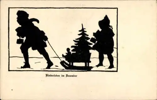 Scherenschnitt Künstler Ak Kinderleben im Dezember, Schlitten