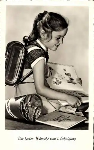 Ak Die besten Wünsche zum 1. Schulgang, Mädchen mit Schulmappe, Zuckertüte, Heften