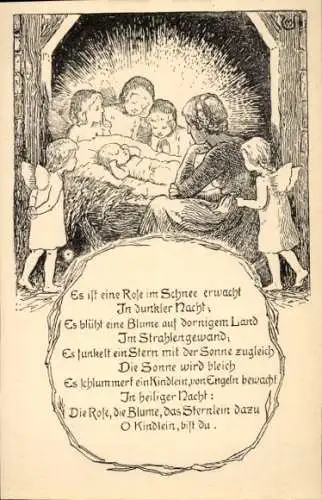 Ak Es ist eine Rose im Schnee erwacht in dunkler Nacht, Gedicht