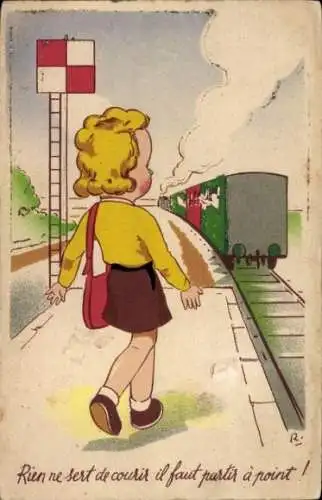 Ak Strasbourg Straßburg Elsass Bas Rhin, Mädchen steht an Bahngleisen und schaut einem davonfa...