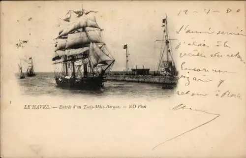 Ak Le Havre Seine Maritime, Einlauf eines Dreimasters in den Hafen von Le Havre.
