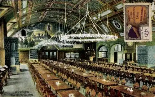 Ak München Bayern, KGL Hofbräuhaus, große Halle, Innenansicht