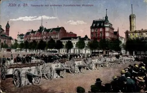 Ak Köln am Rhein, Neumarkt, erbeutete französische Kanonen, Menschenmenge, Gebäude