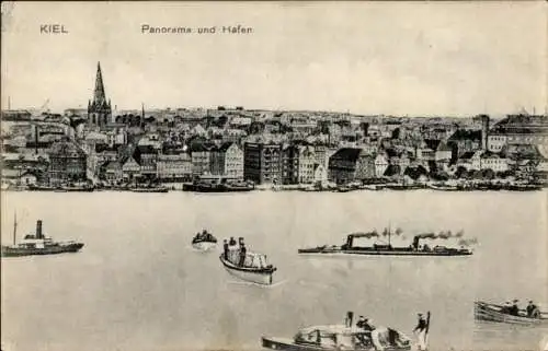 Ak Kiel, Panorama und Hafen