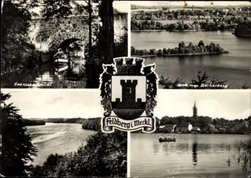Ak Feldberg in Mecklenburg, Blick vom Reiherberg, Seerosenkanal, Wappen