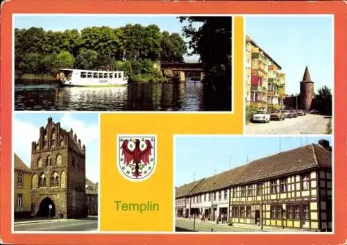 Ak Templin in der Uckermark, Rundfahrtboot, Eisenbahnbrücke, bunte Wohnhäuser, historisches Ge...
