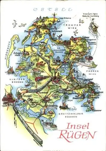 Landkarten Riesen Ak Insel Rügen, Tromper Wiek, Prorer Wiek, Greifswalder Bodden