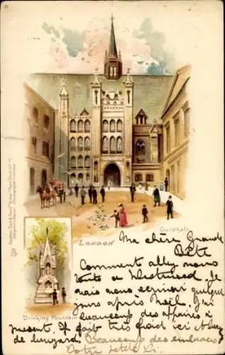 Ak City of Westminster London England, Gebäude mit Tor, Pferde und Menschen, Brunnen im Vorder...