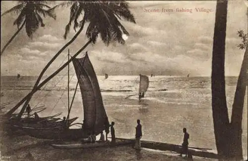 Ak Ceylon Sri Lanka, Fischerdorf, Boote, Segel, Palmen, ruhiges Wasser, grau-blauer Himmel