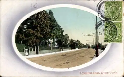 Ak Birkenhead North West England, Straße mit Bäumen, Häusern, Straßenbahn, blauer Himmel