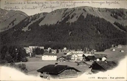 Ak Morgins Kanton Wallis Schweiz, Berglandschaft, Häuseransicht, Postkarte aus  Schriftzüge