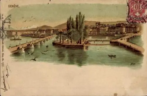 Ak Genève Genf Schweiz, Blick auf den Genfersee, Bäume, Brücken, Stadtansicht, Boote