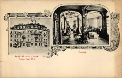 Ak Basel Stadt Schweiz, Hotel Victoria, Vestibül, Propr. Paul Otto