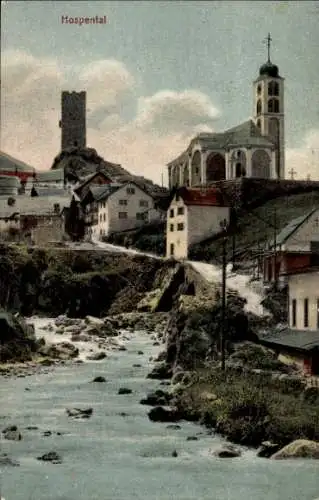 Ak Hospental Kt Uri, Berglandschaft, Kirche, Häuser, Fluss, Turm