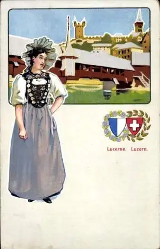 Wappen Ak Luzern Stadt Schweiz, Stadtbild, Frau in Luzerner Tracht
