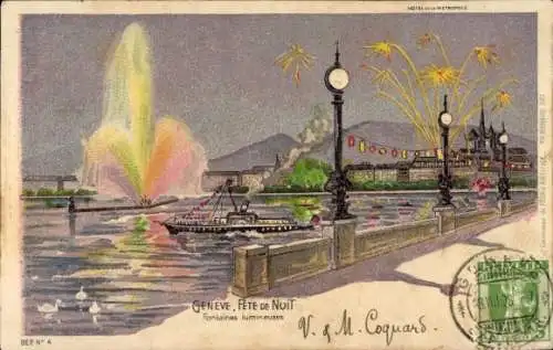 Ak Genf Stadt Schweiz, Genfer Nachtfest, beleuchtete Springbrunnen, Boot auf dem Wasser, Festl...