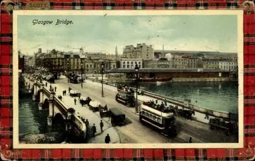 Ak Glasgow Schottland, Glasgow Bridge, alte Straßenbahnen, Flussansicht, historische Architektur