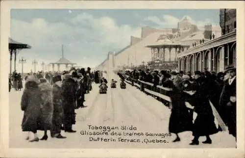Ak Quebec Kanada, Montmorency River, Toboggan Slide, Menschen auf der Rodelbahn, Dufferin Terrace