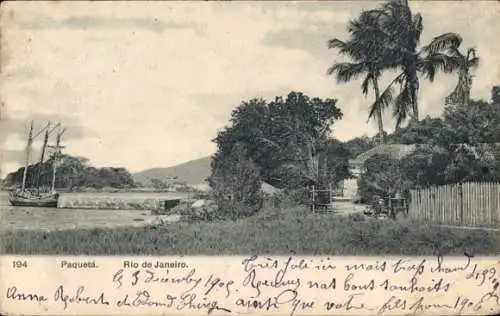Ak Rio de Janeiro Brasilien, Schiff im Wasser, Palmen, Landschaft, Postkarte von Paquetá, Bras...